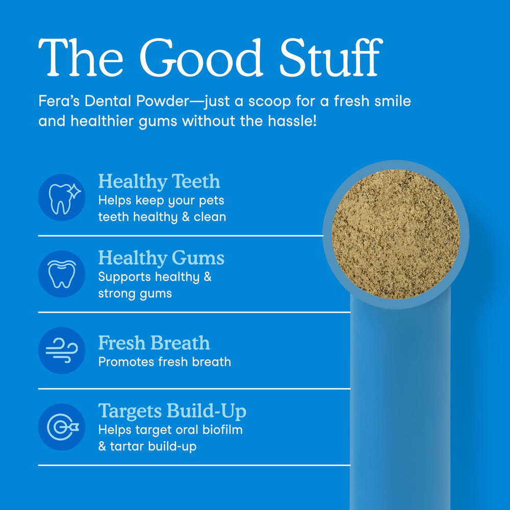Included scoop illustrates easy daily dosing with Fera Pets powder.