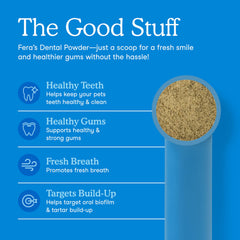 Included scoop illustrates easy daily dosing with Fera Pets powder.