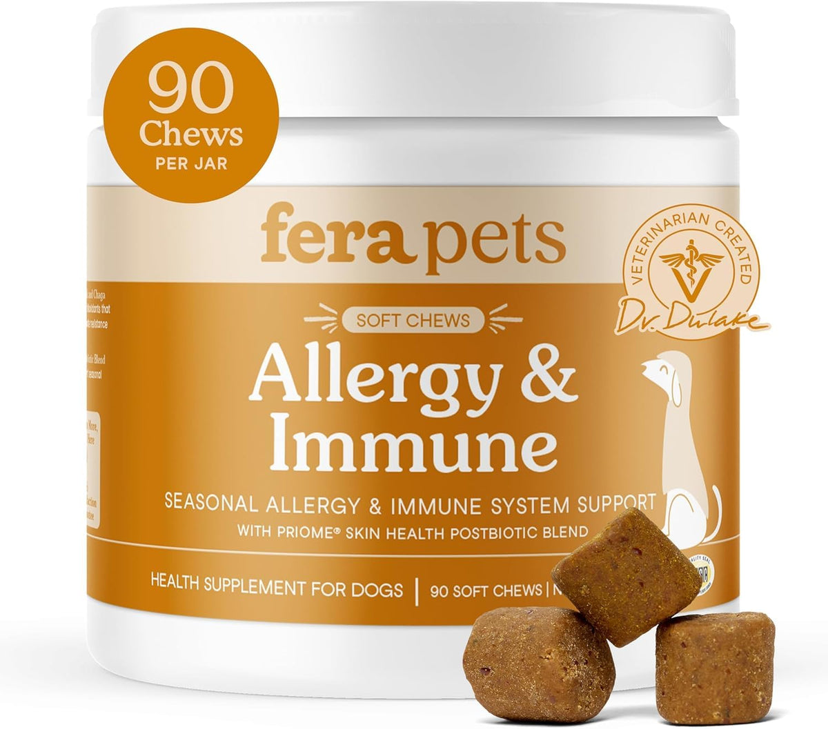 Fera Pets dog allergy chews label highlights ingredients and vet-founded care