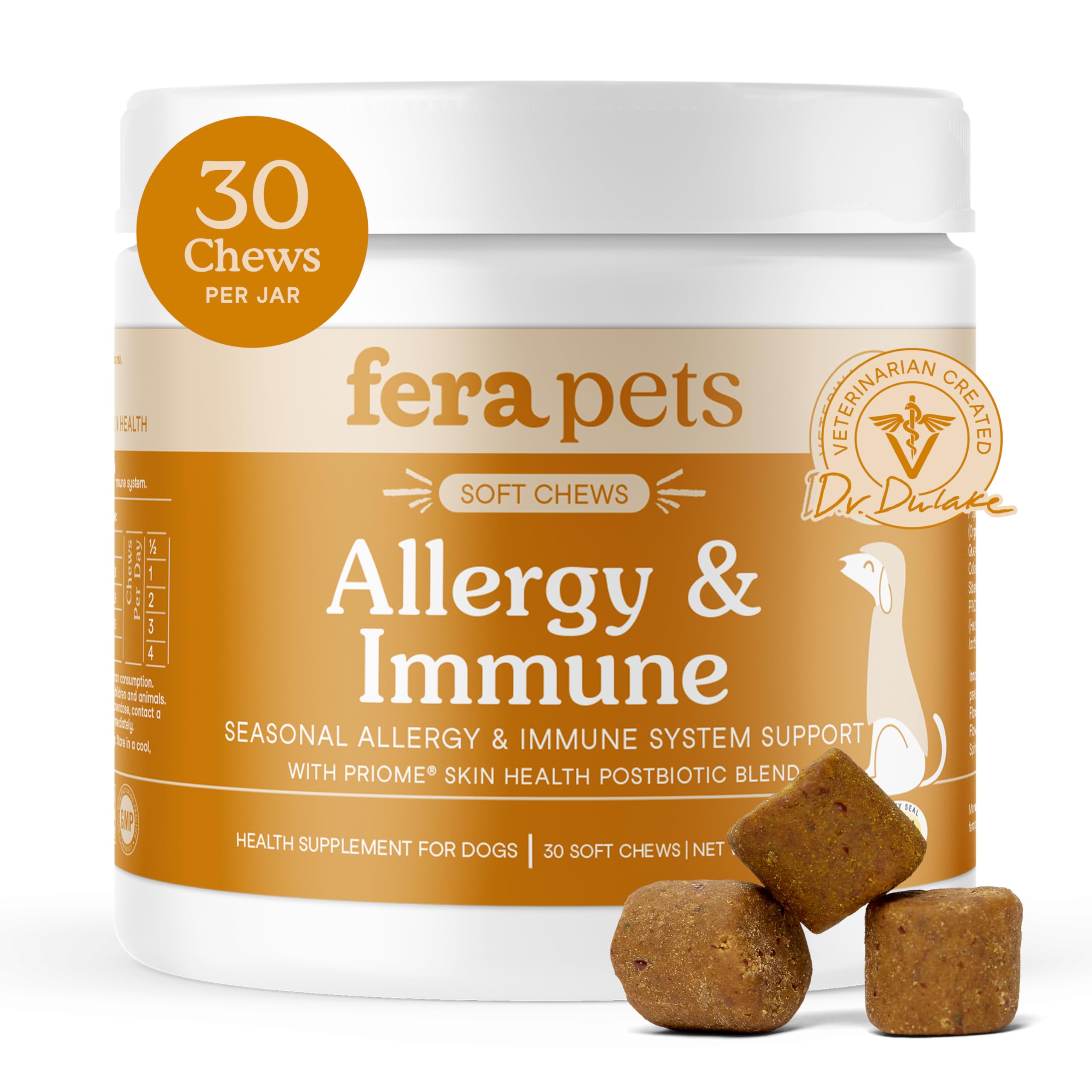 Fera Pets dog allergy soft chews bottle, premium packaging for long-term skin and gut support.