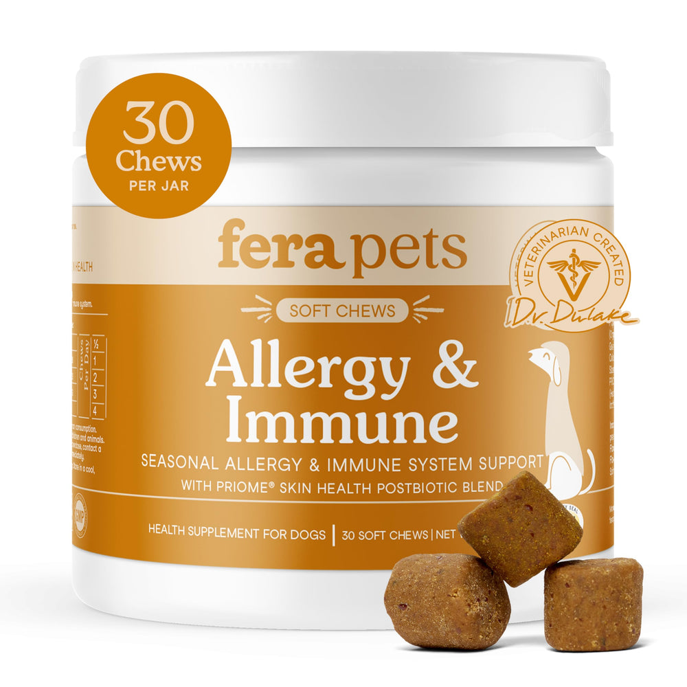 Fera Pets dog allergy soft chews bottle, premium packaging for long-term skin and gut support.