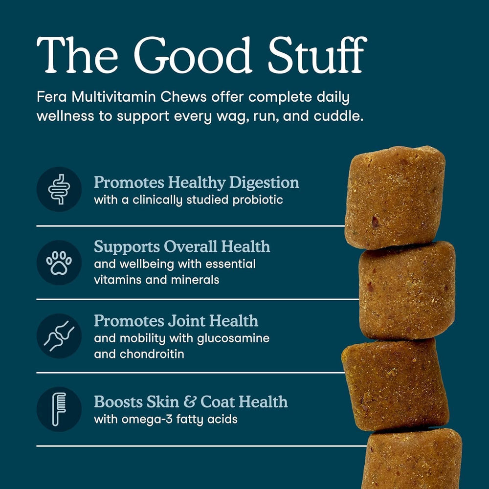 Fera Pets Dog Multivitamin Chews packaging highlights NASC-certified, USA-made quality