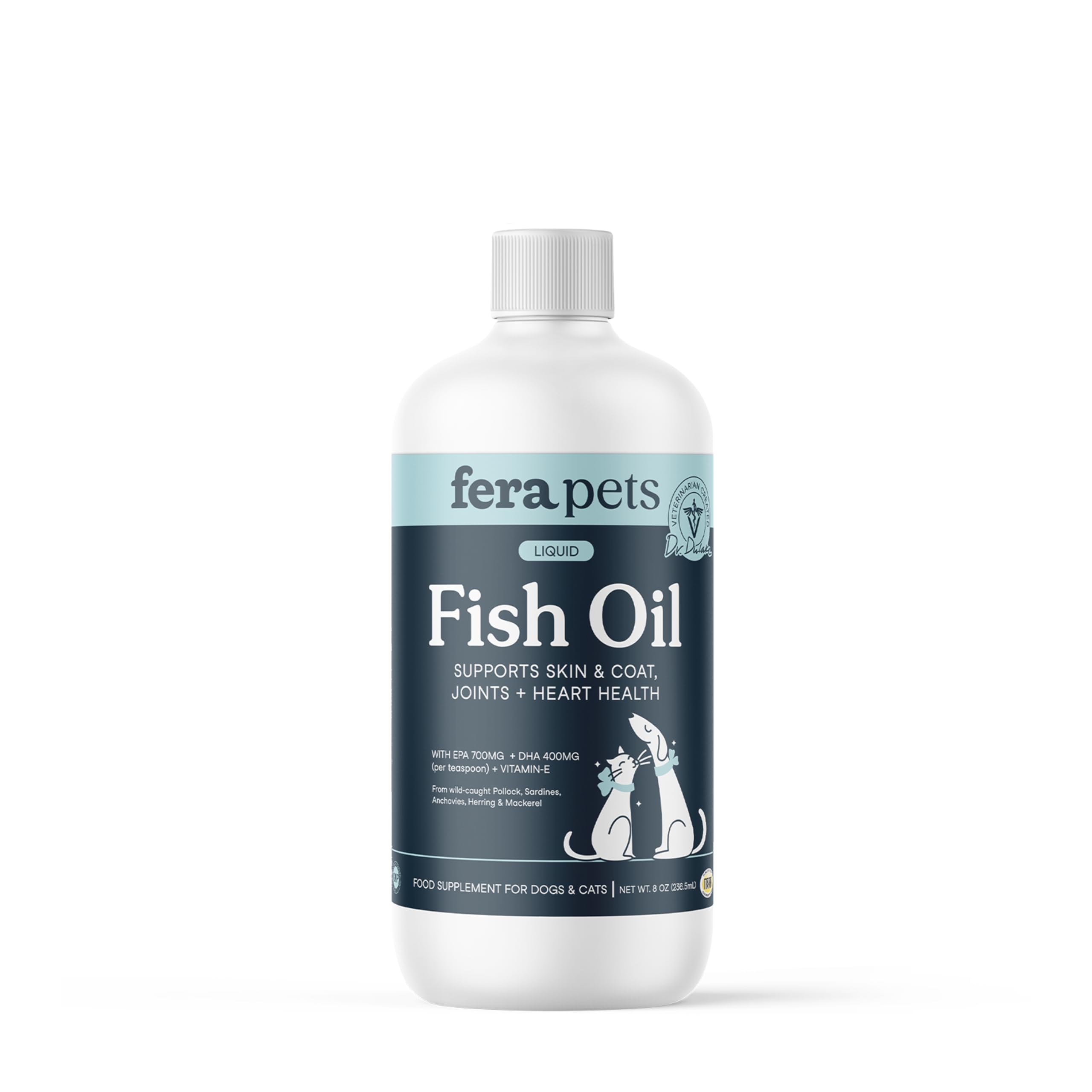Fera Pets Fish Oil bottle pour showing omega-3 for healthy skin and coat
