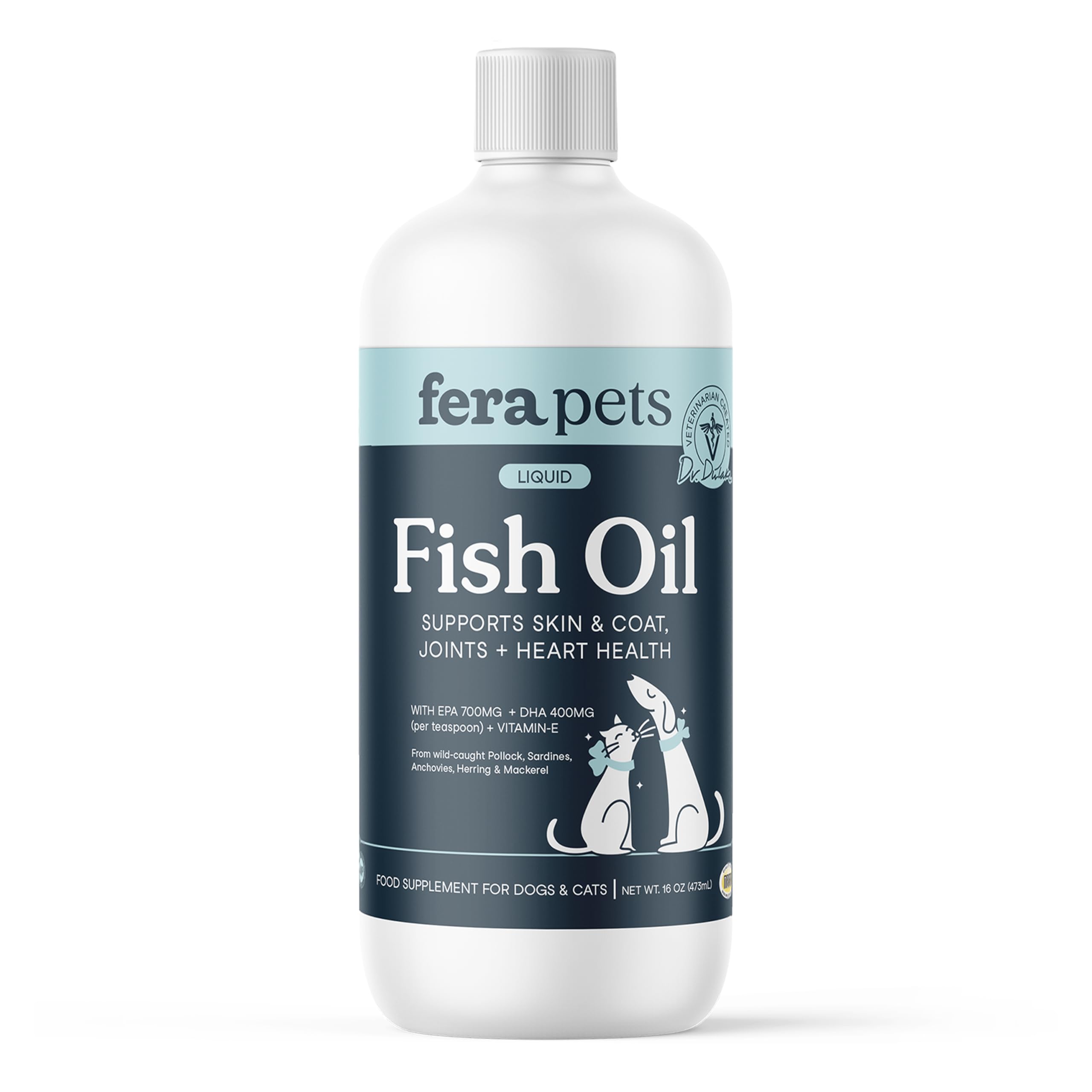 Fera Pets Fish Oil bottle pour for easy meal topping and dosing.