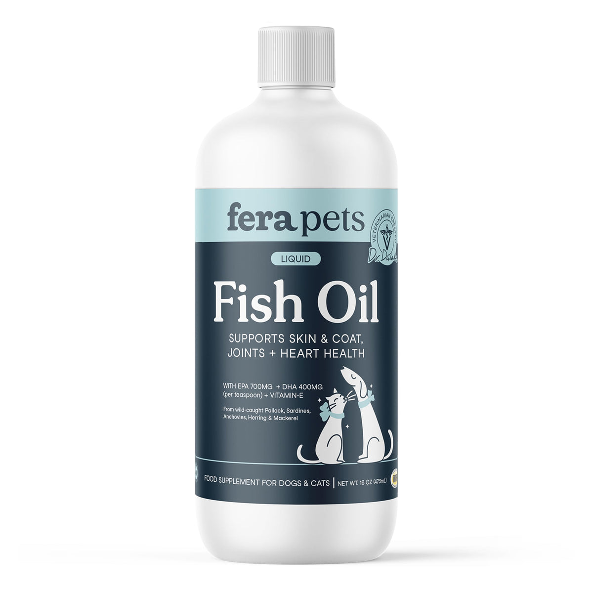Fera Pets Fish Oil bottle pour for easy meal topping and dosing.