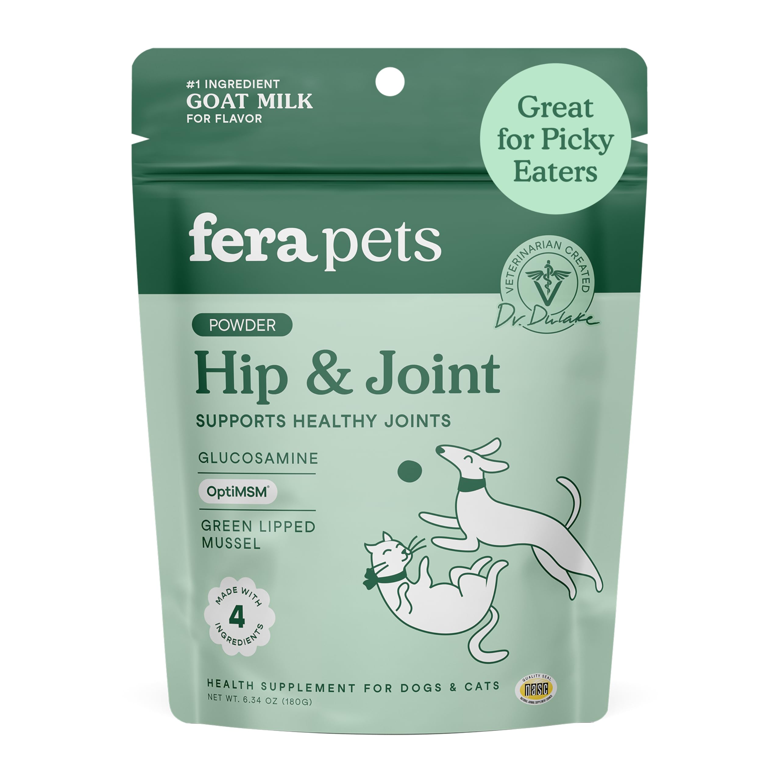 Fera Pets Goat Milk bottle label highlighting glucosamine and green-lipped mussel for joints.
