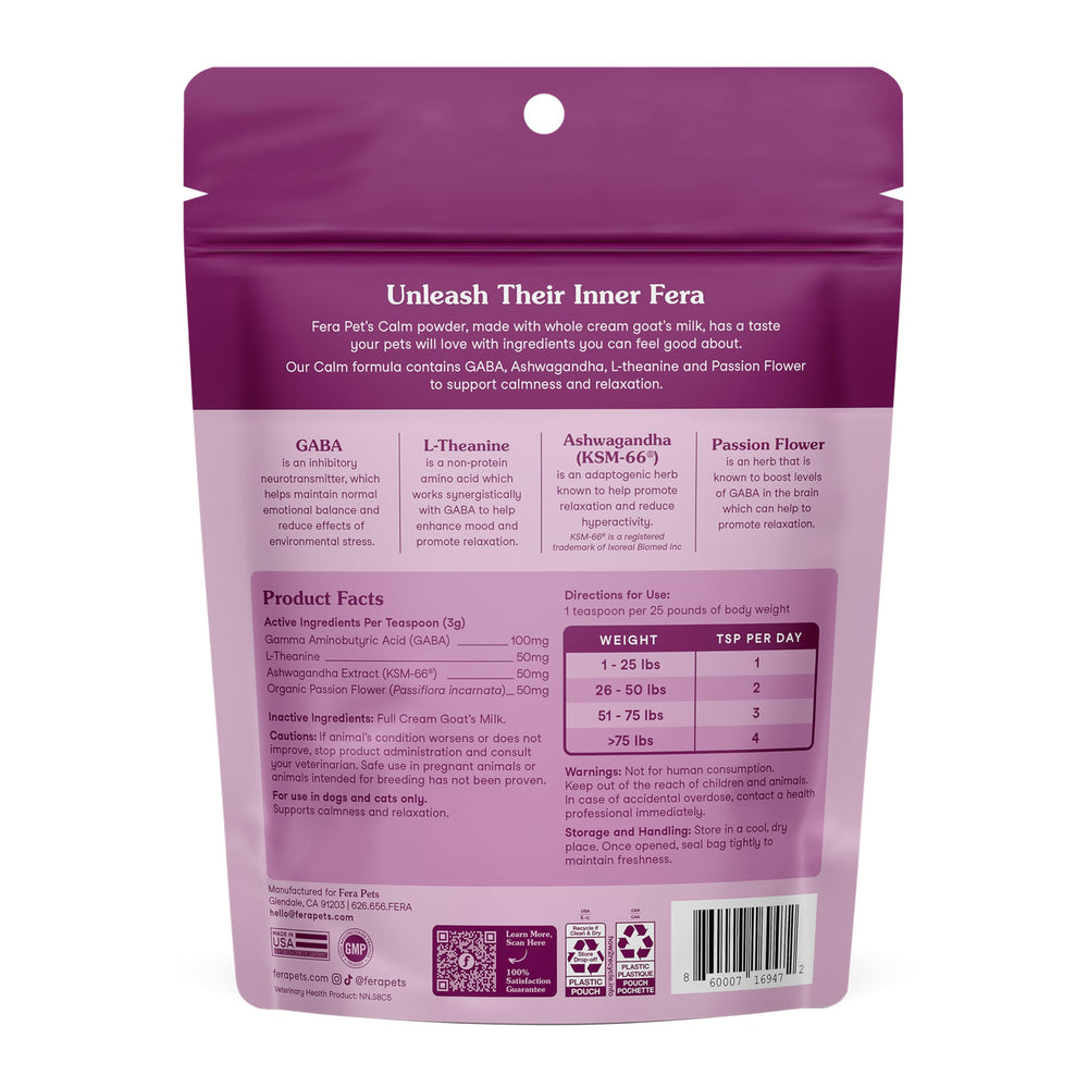 Fera Pets calming goat milk manufactured in USA with GMP compliance.