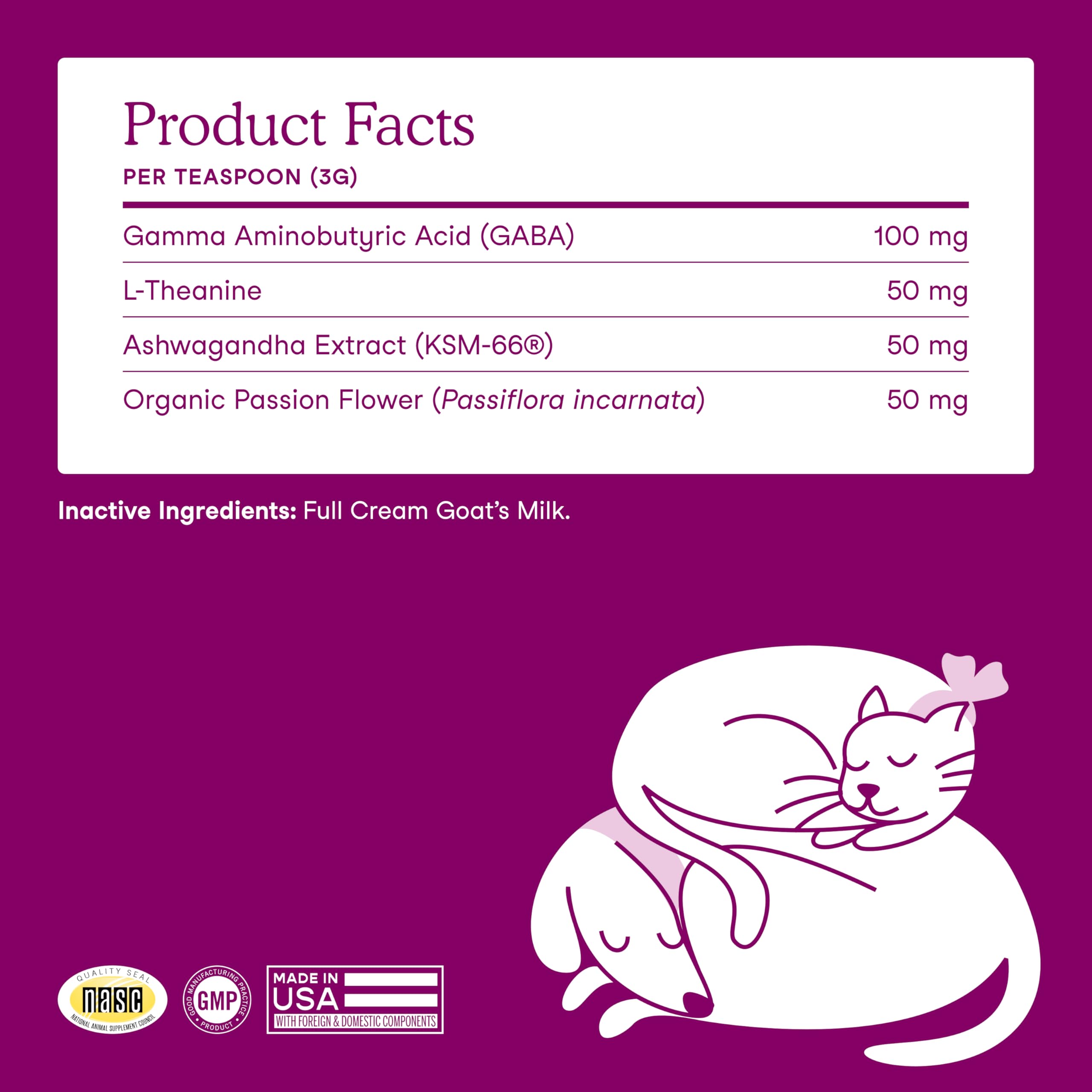 Fera Pets calming goat milk with NASC quality seal on label.