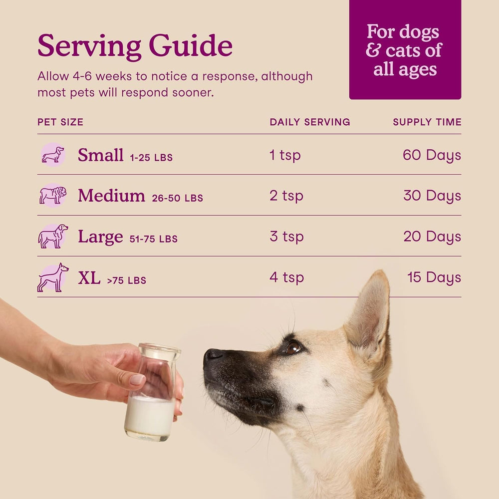 Fera Pets goat milk calming topper label highlighting passion flower.