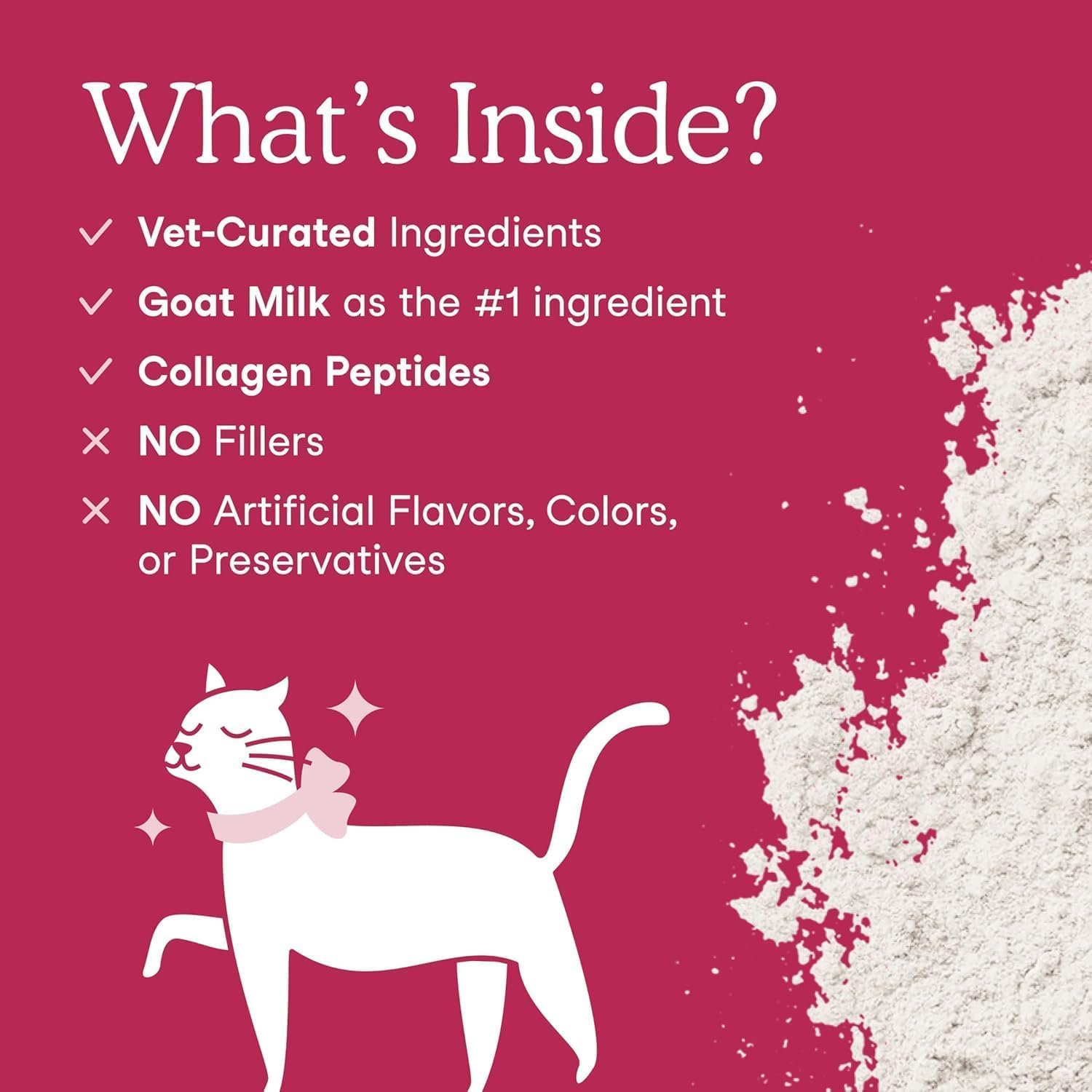 Fera Pets Goat Milk Topper powder jar highlights collagen and biotin for healthy coat.