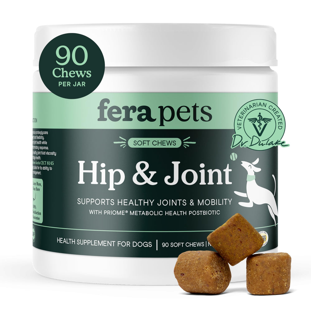 Fera Pets Hip & Joint Soft Chews bottle offering easy daily support for active dogs.