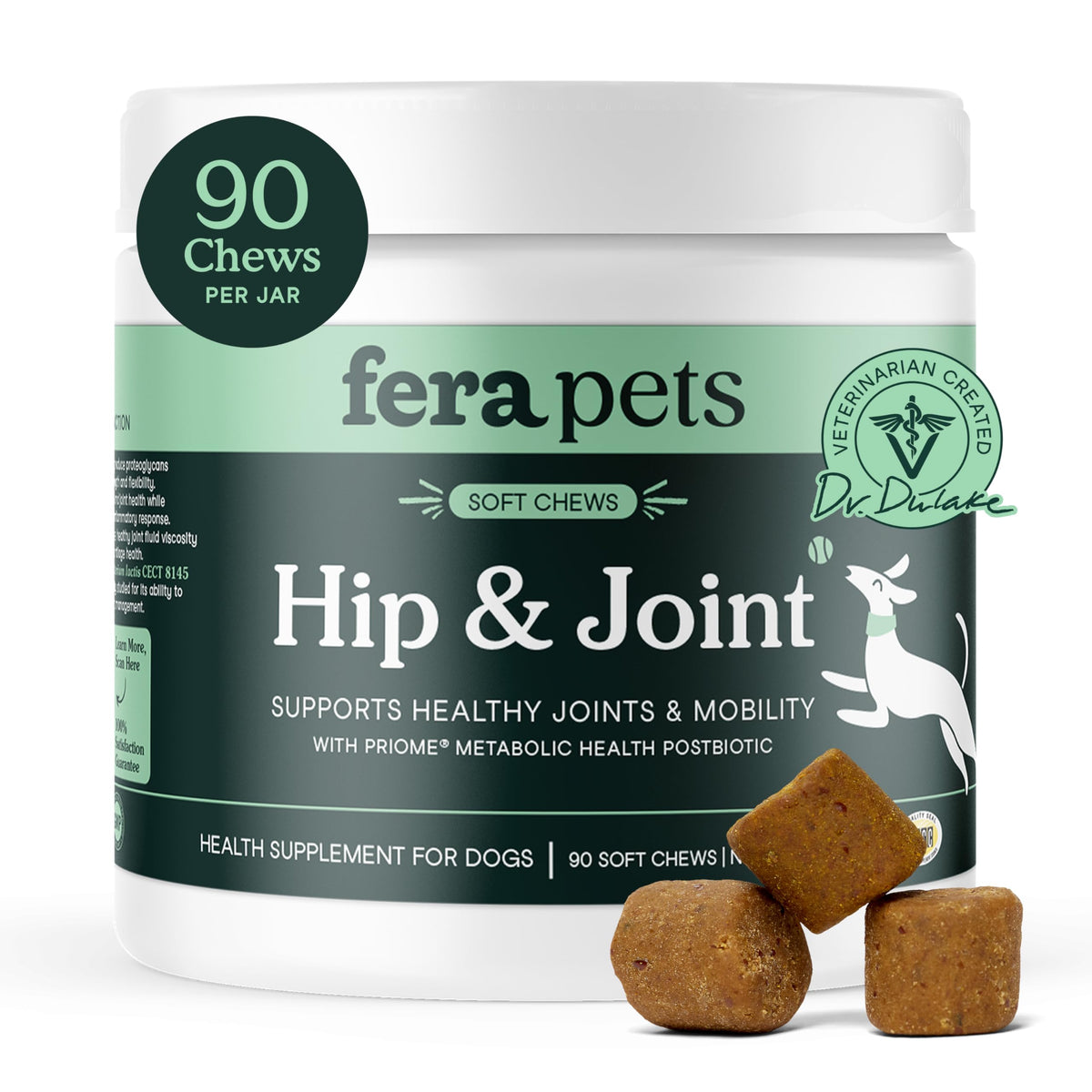 Fera Pets Hip & Joint Soft Chews bottle offering easy daily support for active dogs.