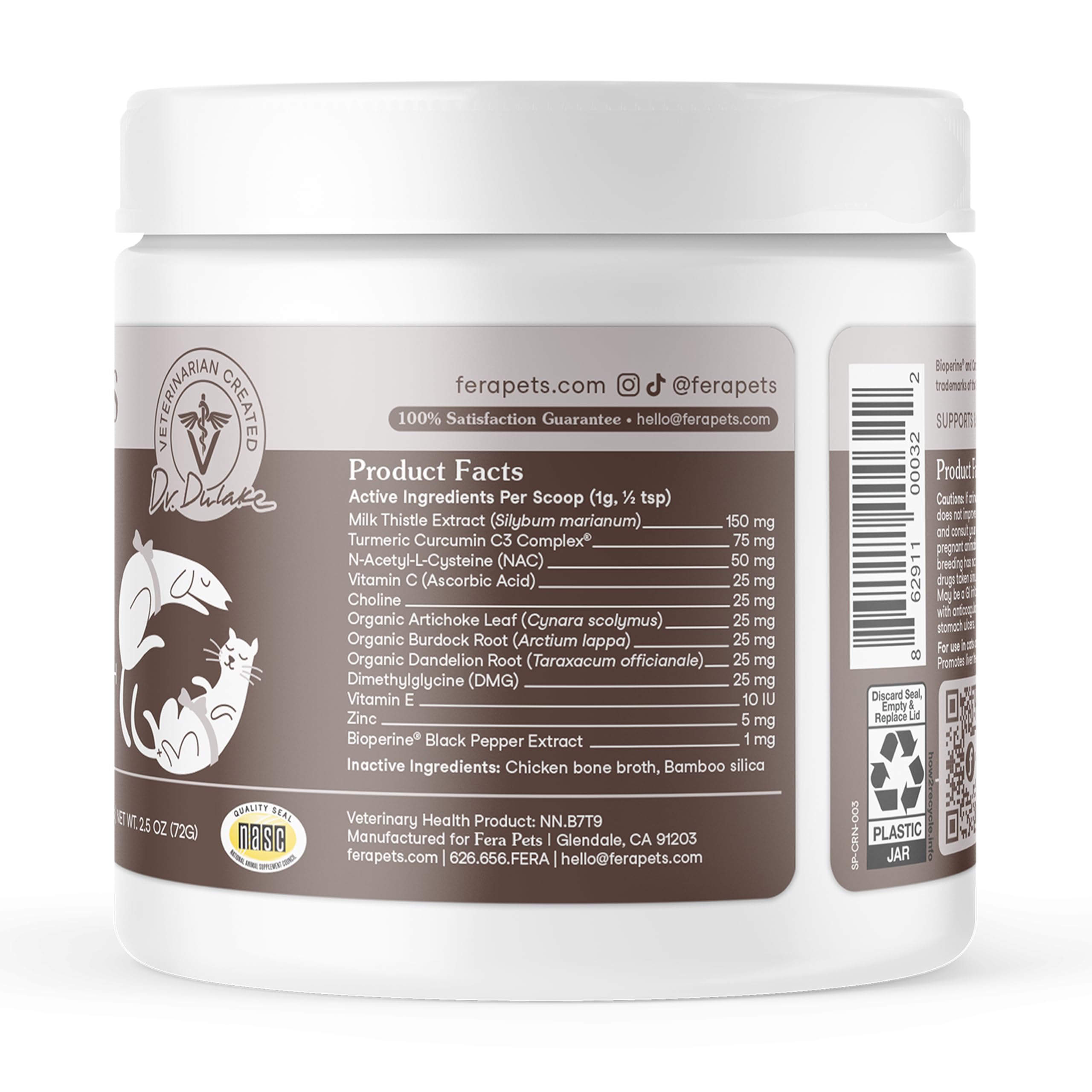 Weight-based dosing chart and scoop included with Fera Pets