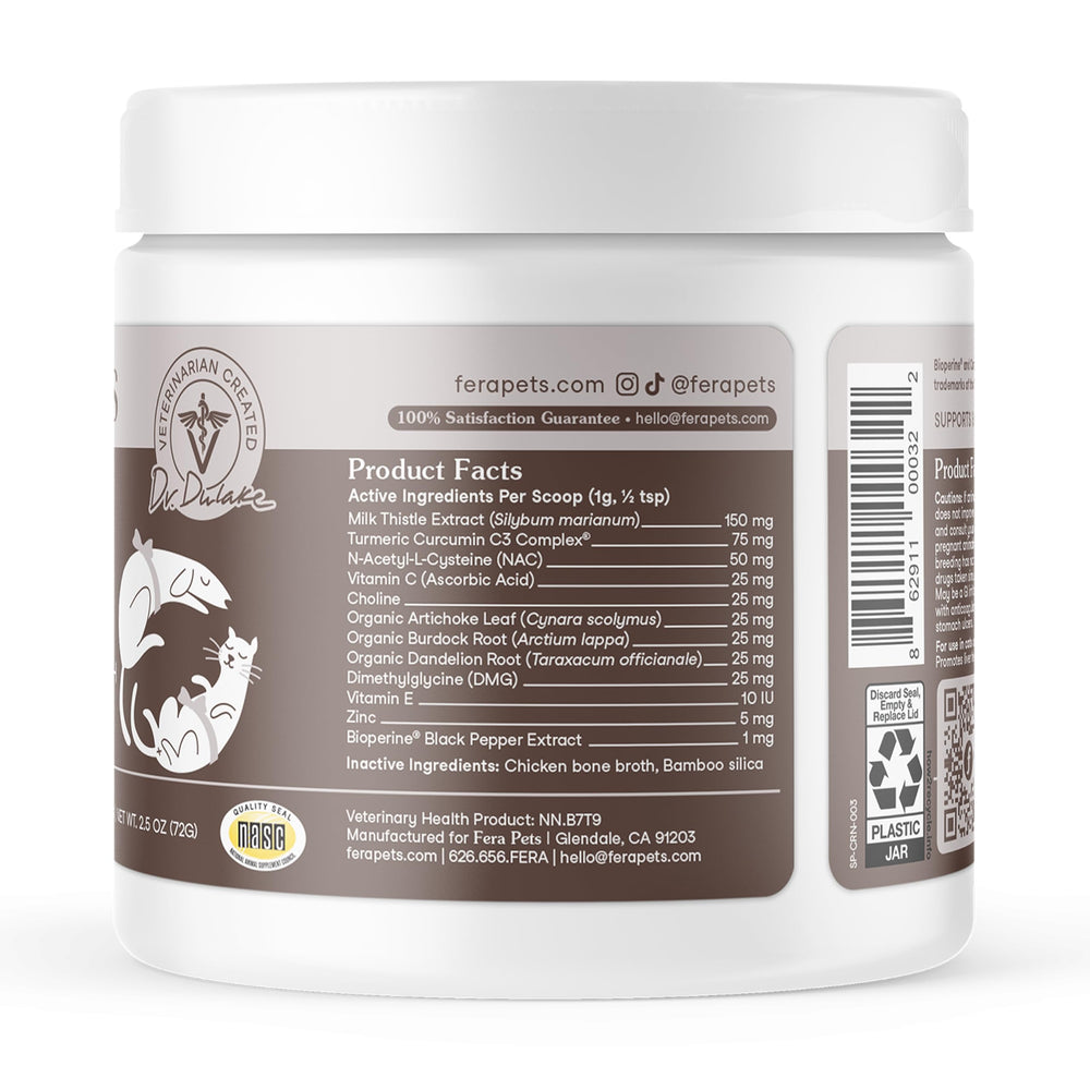Weight-based dosing chart and scoop included with Fera Pets