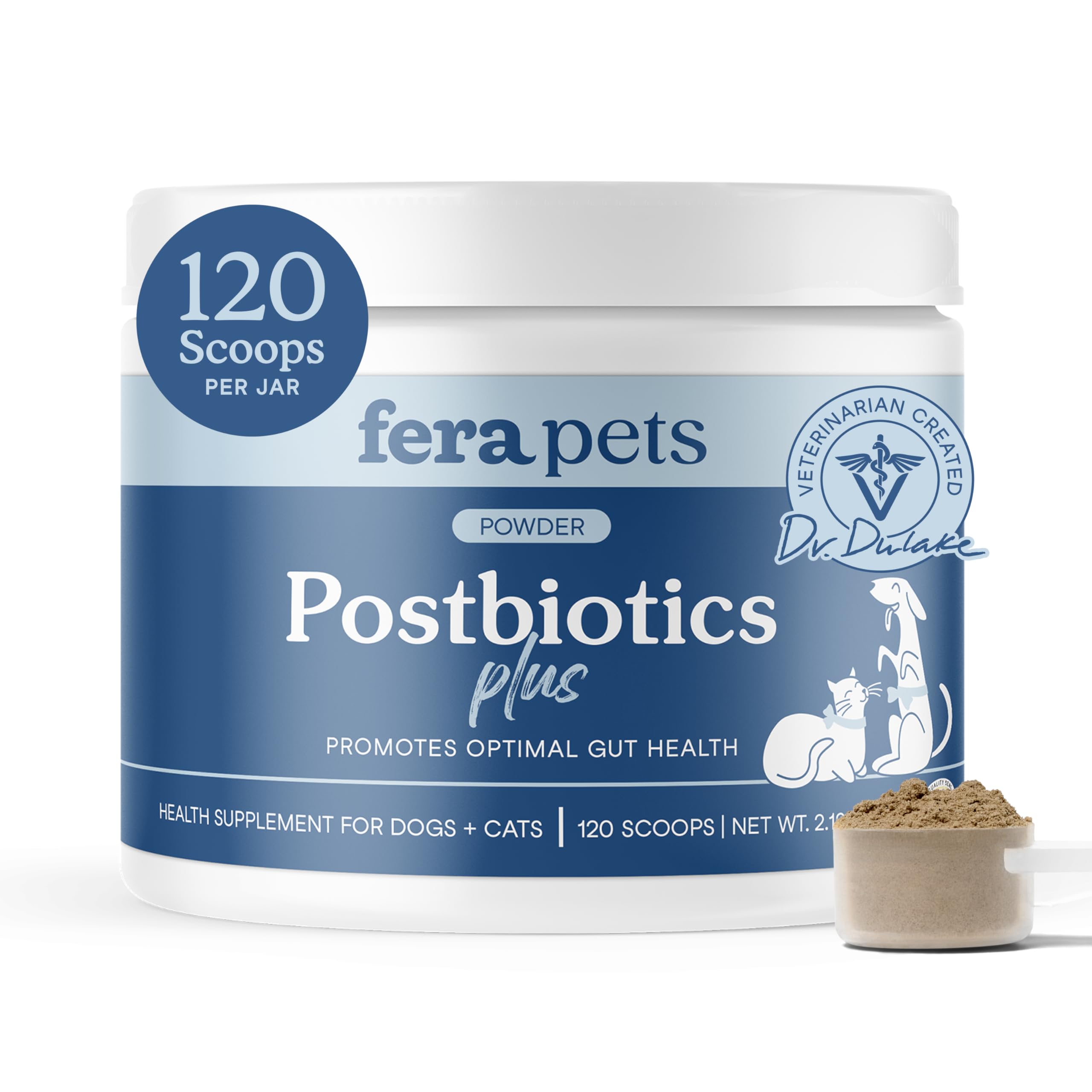 Fera Pets Postbiotics bottle label highlights gut health support for dogs and cats.