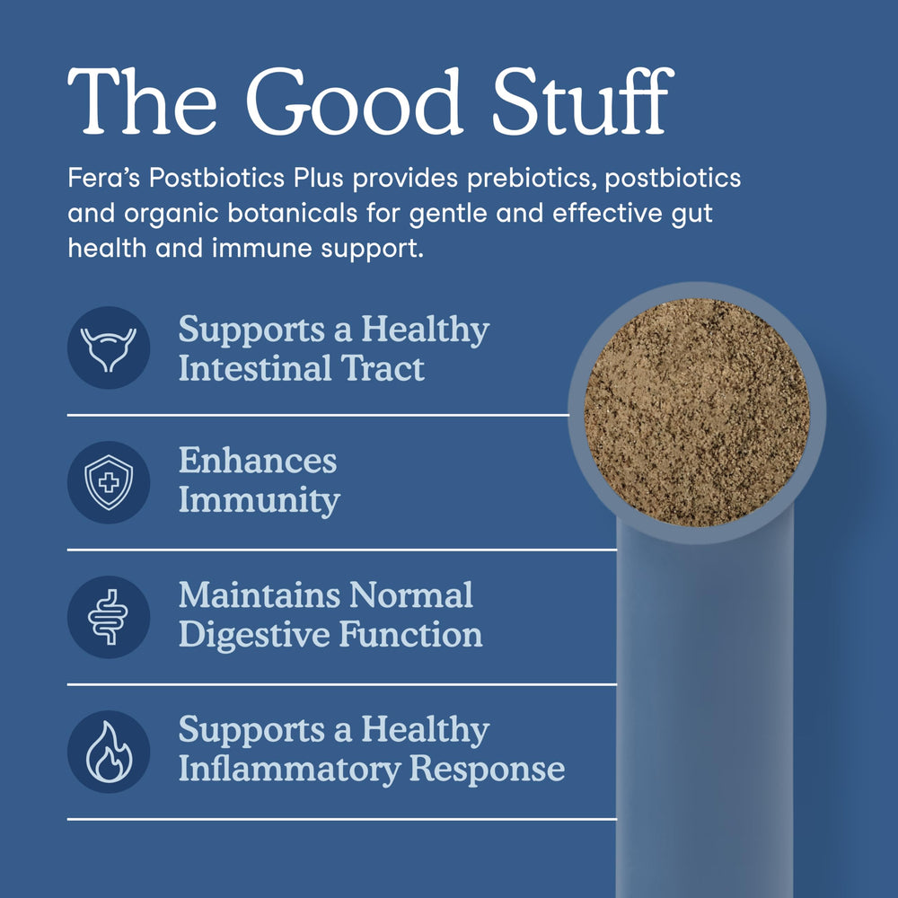 Fera Pets Postbiotics Plus Prebiotics scoop image suggests precise dosing for different weights.