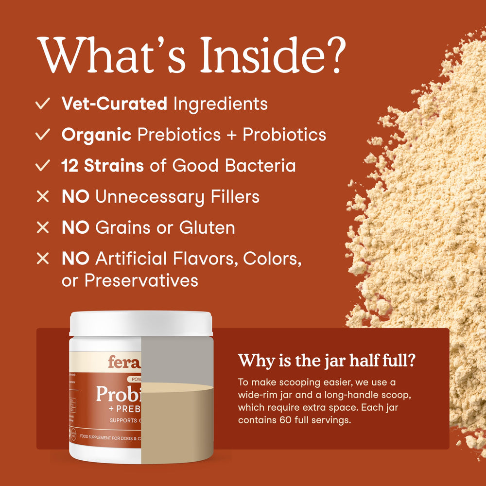Fera Pets Probiotics measuring-scoop highlights convenient portions for every size.