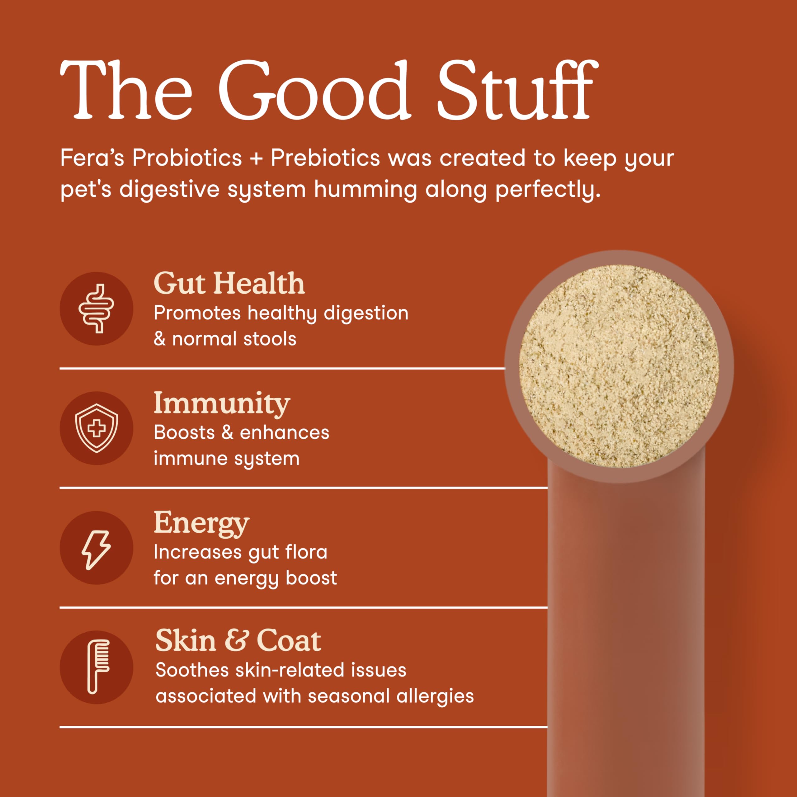 Fera Pets Probiotics spoon-dispense demonstrates easy daily dosing for pets.