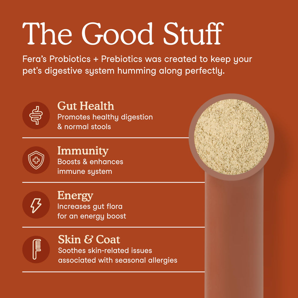 Fera Pets Probiotics spoon-dispense demonstrates easy daily dosing for pets.