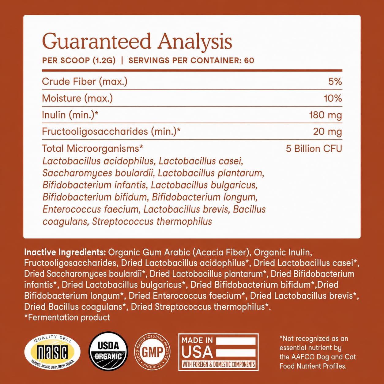 Fera Pets Probiotics USA-made badge reflects quality manufacturing.