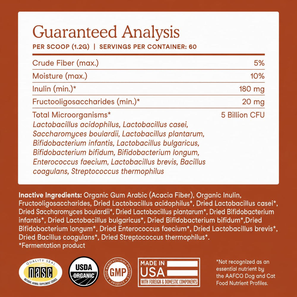 Fera Pets Probiotics USA-made badge reflects quality manufacturing.