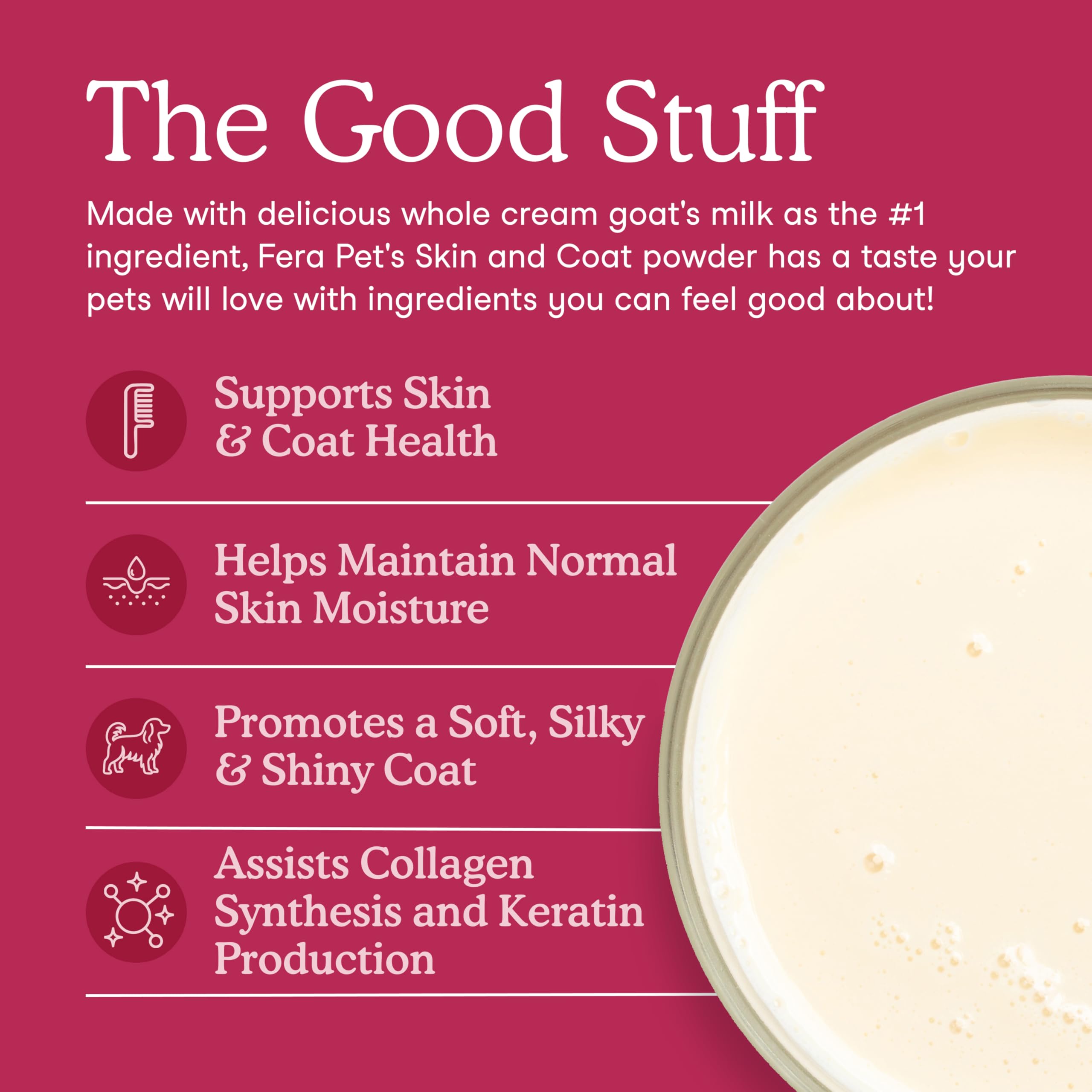 Fera Pets Goat Milk Topper tsp scoop illustrates easy daily dosing for picky eaters.