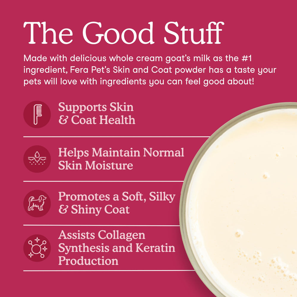 Fera Pets Goat Milk Topper tsp scoop illustrates easy daily dosing for picky eaters.