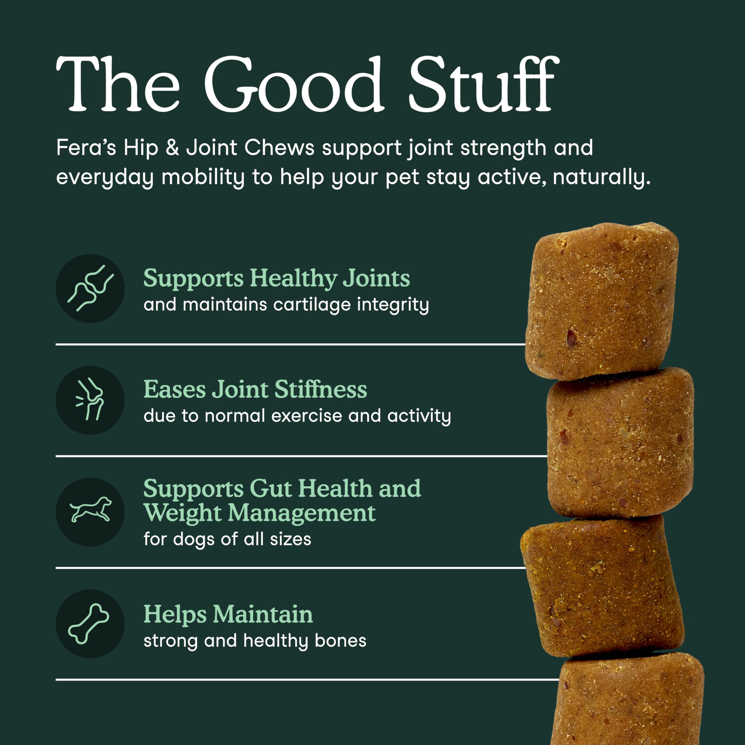 Fera Pets chicken-flavor soft chews for dogs, a tasty daily treat promoting joint comfort.