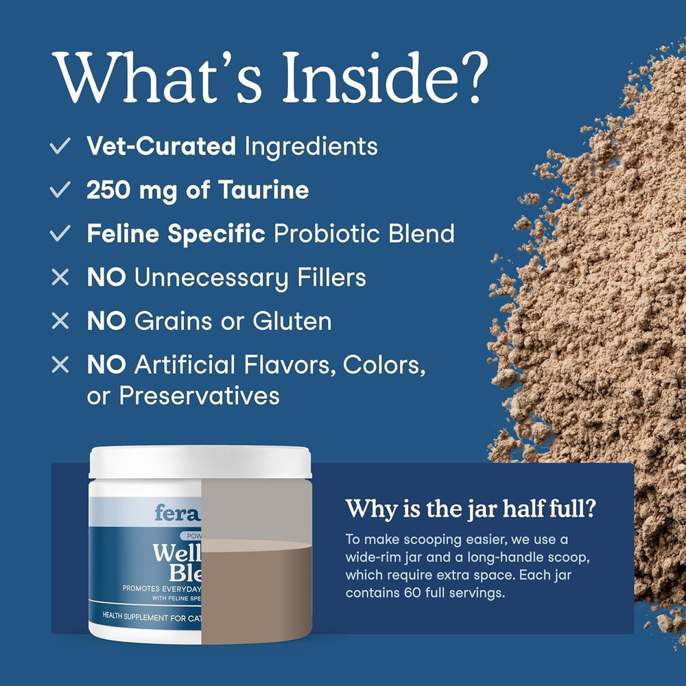 Fera Pets Wellness Blend sprinkled on cat food as a tasty topper.