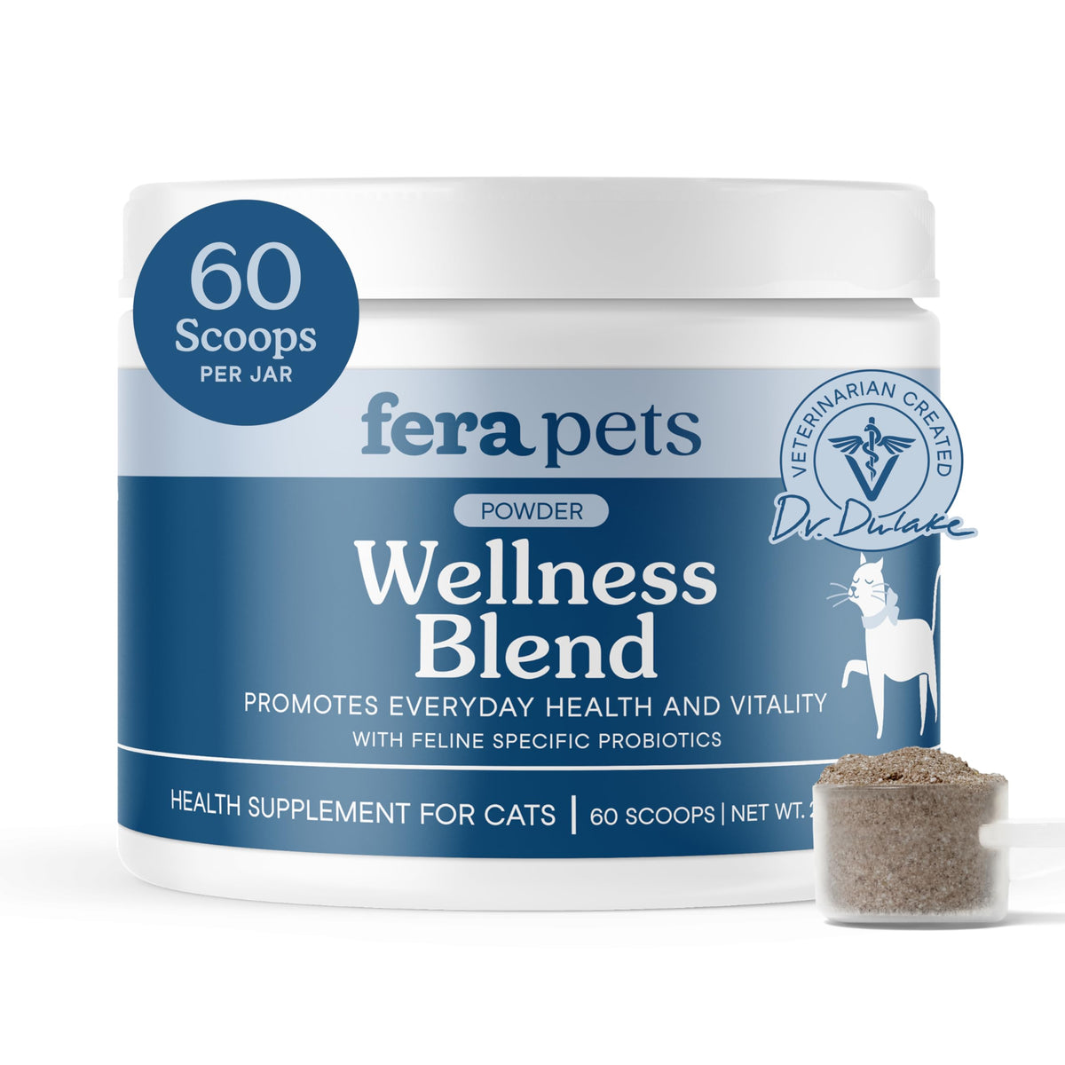 Fera Pets Wellness Blend cat powder bottle for daily supplement.