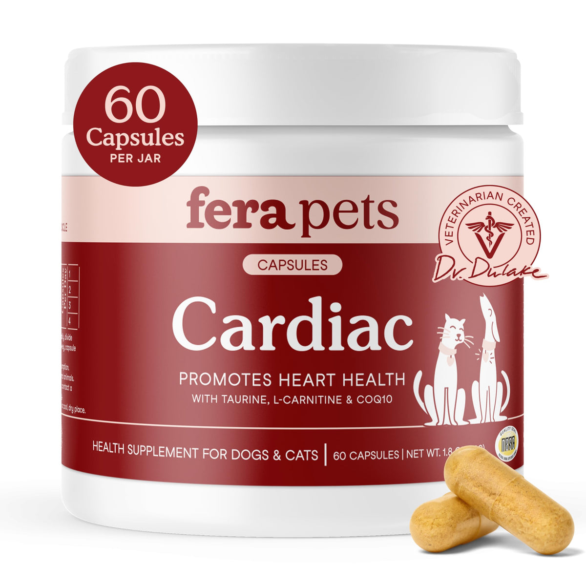 Fera Pets Cardiac Support capsules in a bottle for easy daily dosing.