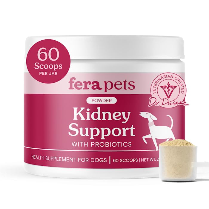Fera Pets kidney support powder jar for dogs supports kidney filtration.