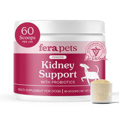 Fera Pets kidney support powder jar for dogs supports kidney filtration.
