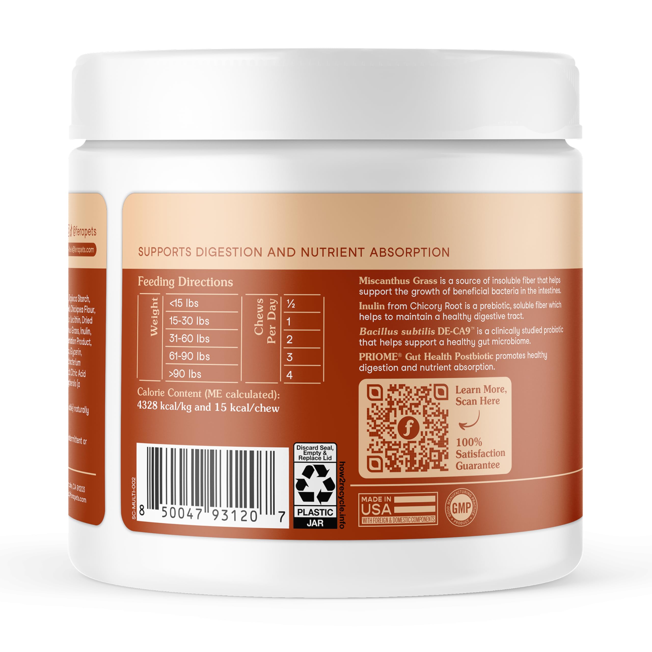 Satisfaction guarantee badge beside Fera Pets probiotics package