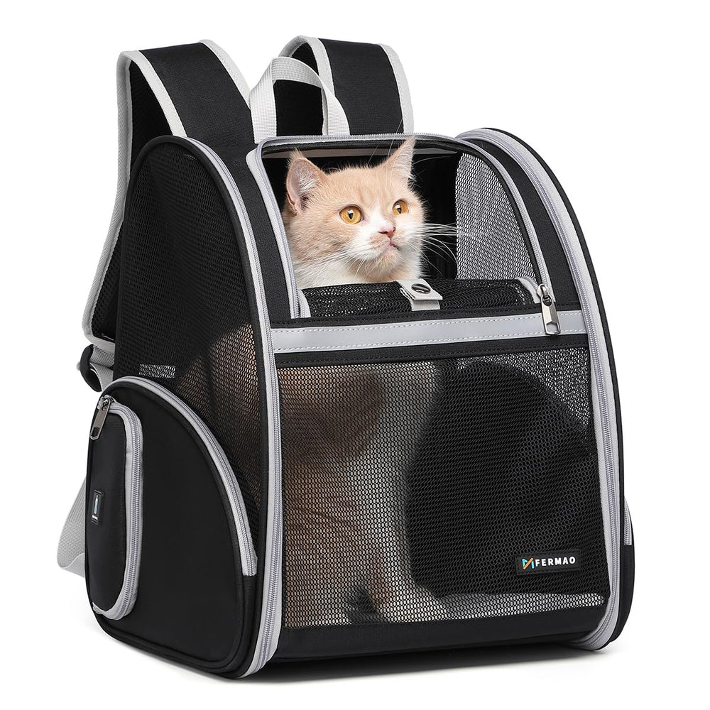 FERMAO cat backpack mesh panel view for easy pet monitoring.