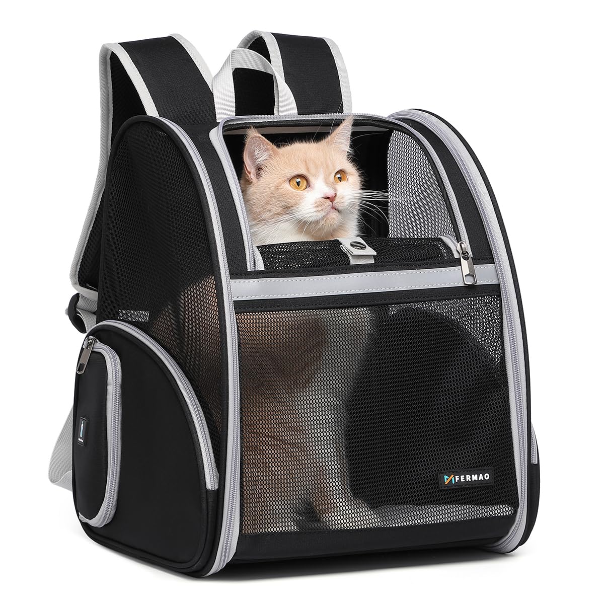 FERMAO cat backpack mesh panel view for easy pet monitoring.