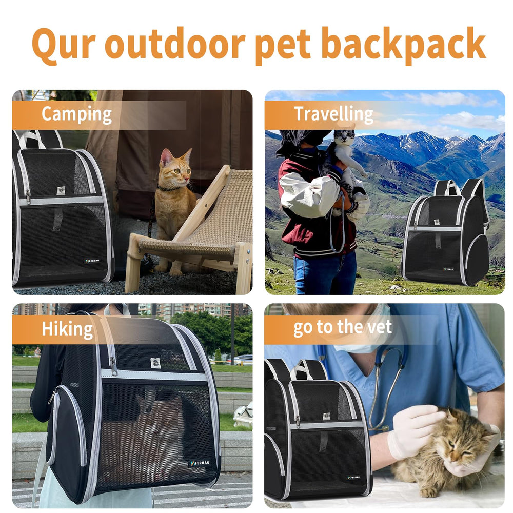 FERMAO cat backpack top-opening mesh lets pets peek out.