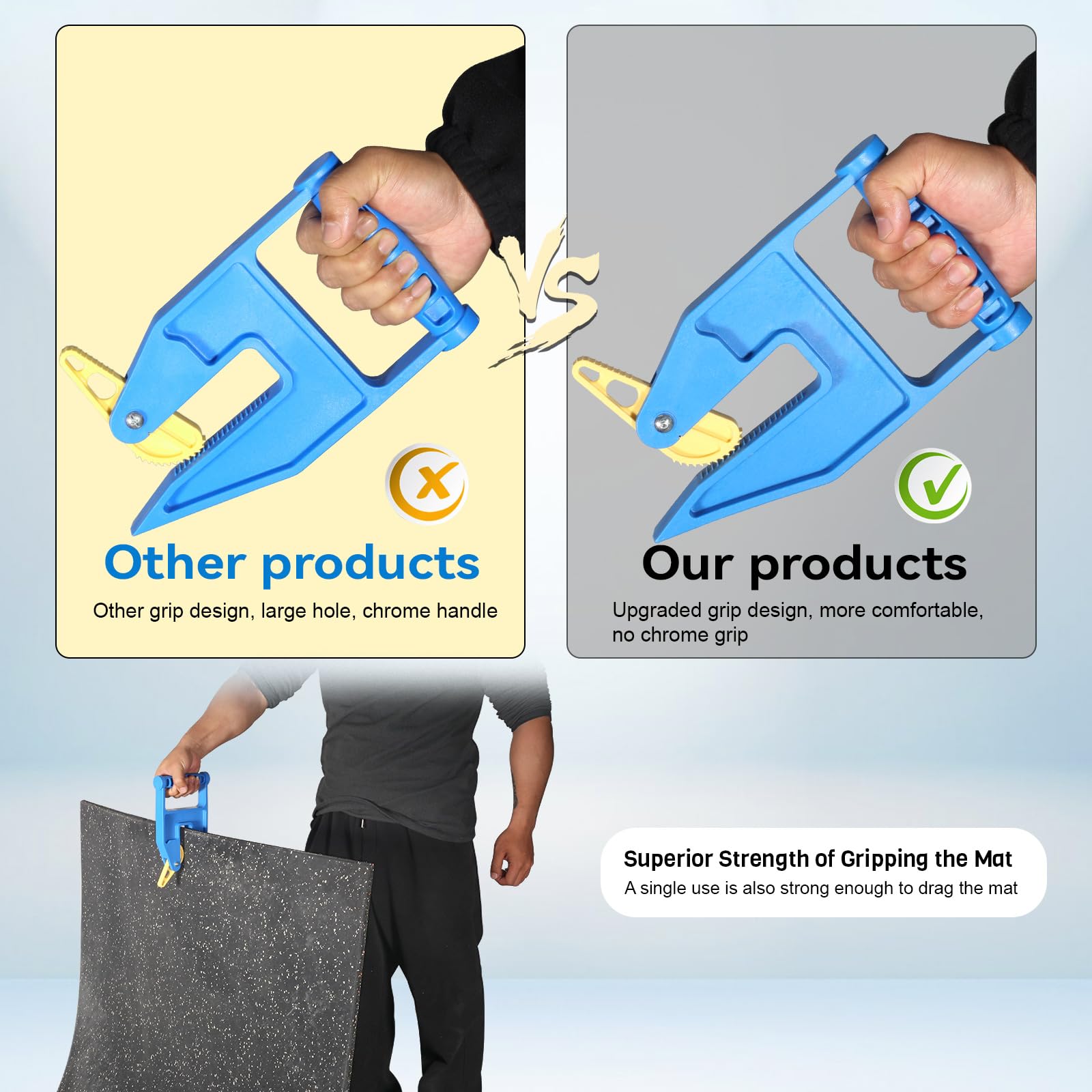 Feroca Anti-slip grip technology provides secure hold on thick mats during moving.
