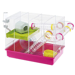 Ferplast Laura hamster cage side view highlights modular design for expandable habitats.