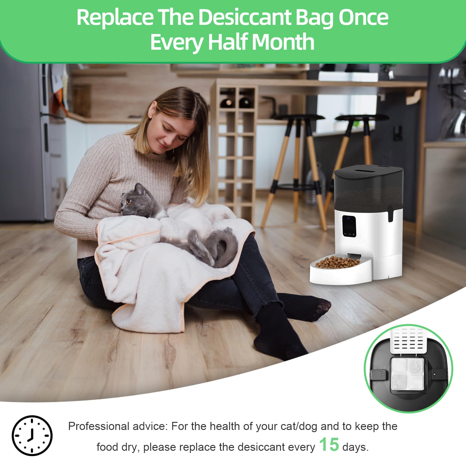 Ferypet desiccant bags in-use scenario keeps feeders ready with dry food