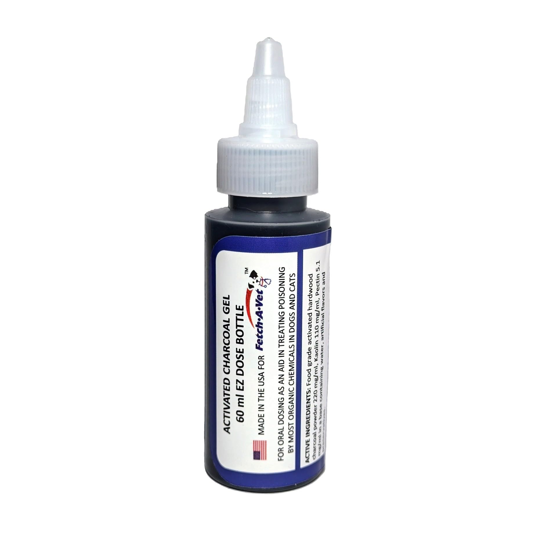 Fetch A Vet activated charcoal gel bottle ready for quick toxin adsorption in emergencies.