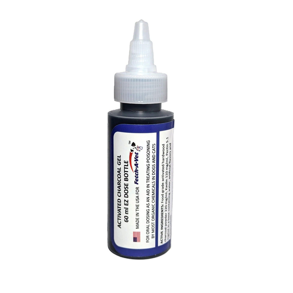 Fetch A Vet activated charcoal gel bottle ready for quick toxin adsorption in emergencies.
