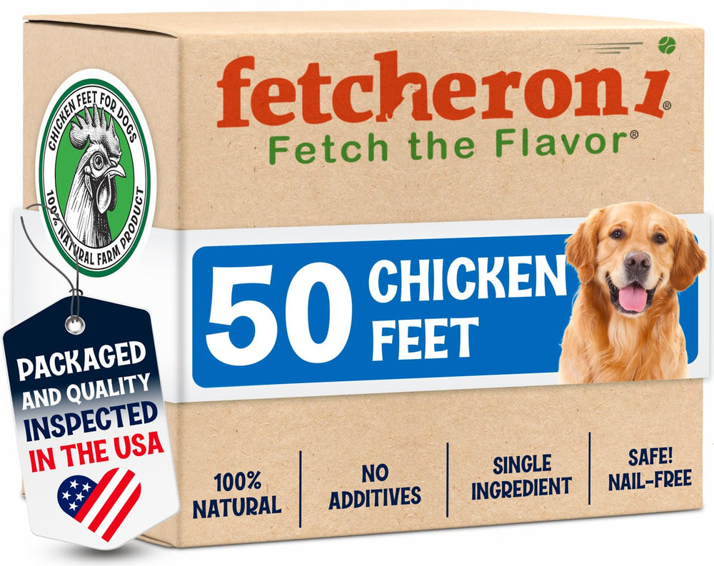 Fetcheroni premium chicken feet dog treats packaging shows a resealable bag for fresh taste