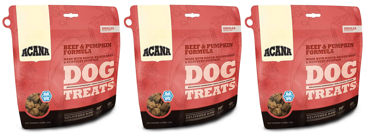 FFKQBH ACANA Beef and Pumpkin treats pack image; protein-rich reward for dogs.