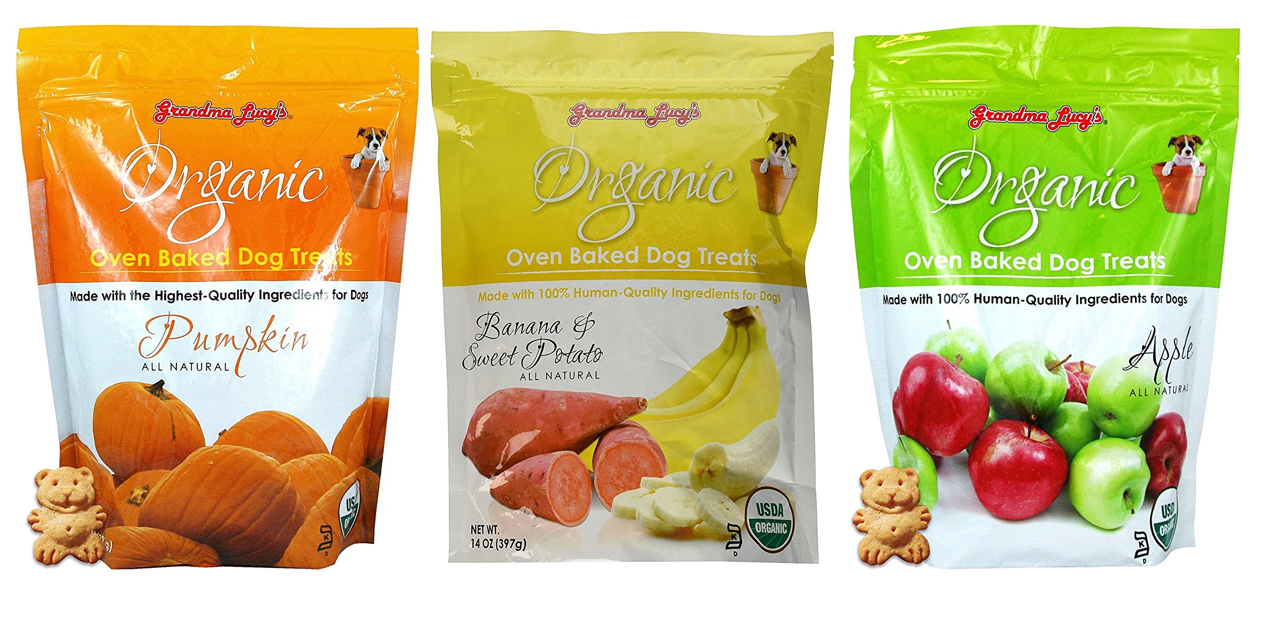 FFKQBH Grandma Lucy's oven-baked dog treats variety pack, flavors pumpkin, banana, and apple for tasty rewards.