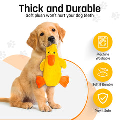 FGA MARKETPLACE Duck Flat No-Squeak Toy in action with a small dog for quiet play