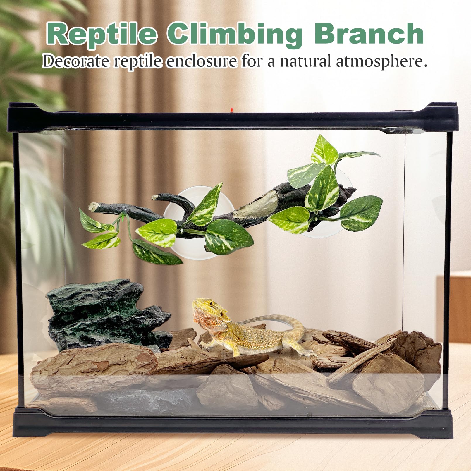 Fhiny reptile branch with strong suction cups ensures secure attachment in terrariums.