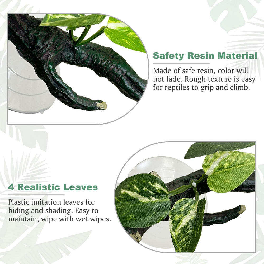Fhiny textured branch with leaves offers grip and shelter for reptiles.