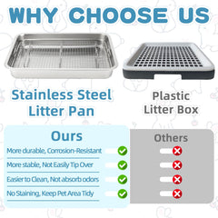 FHTONGE stainless steel litter tray inside view shows durable, cleanable surface.