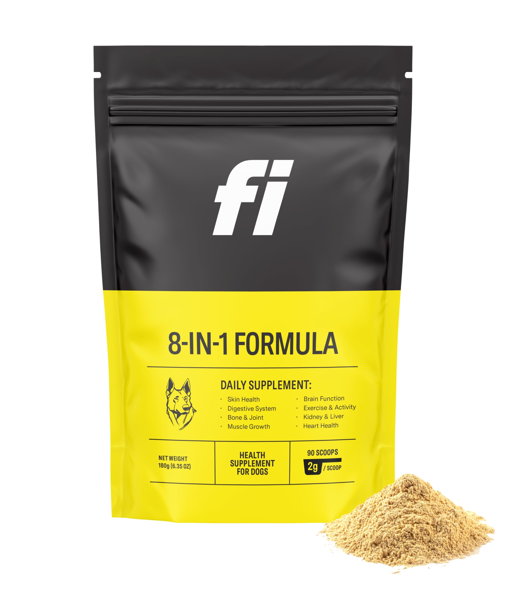 Fi 8-in-1 dog supplement powder bottle close-up showing packaging for joint and immune support.